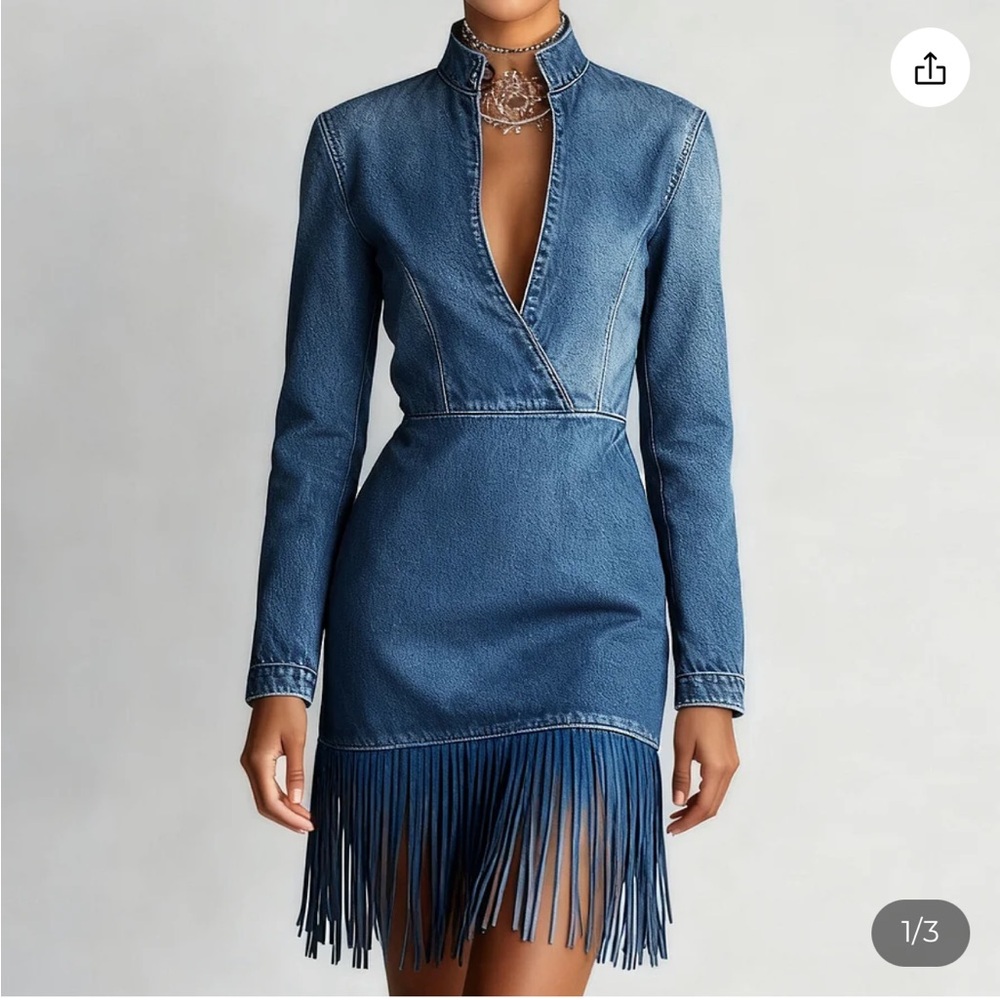 Elegant Blue Denim Fringe Dress